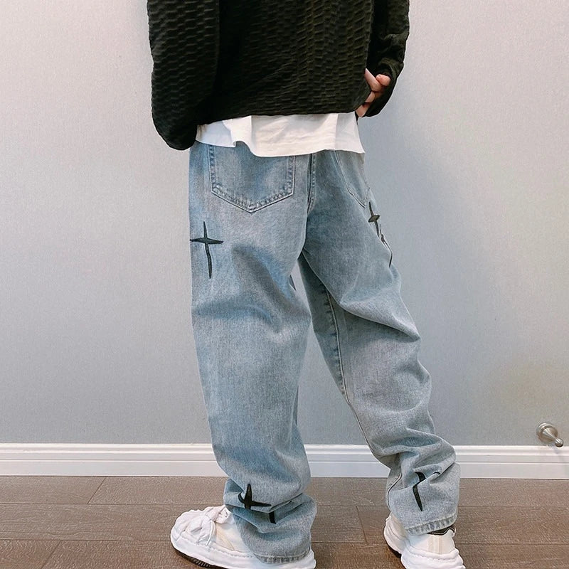 Men Printed Streetwear Baggy Wide Leg Jeans