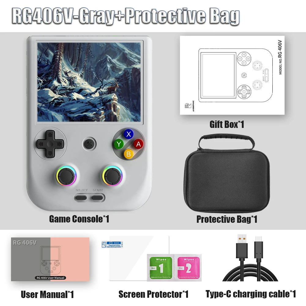 RG406V Handheld Game Console 4’’ IPS Touch Screen Android 13 Unisoc T820 64-bit Game Player 5500mAh RGB lighting