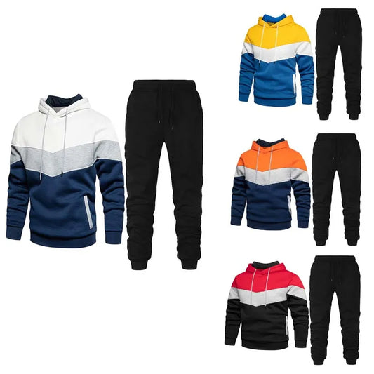 Men's Patchwork Fleece Thermal Hooded Tracksuit