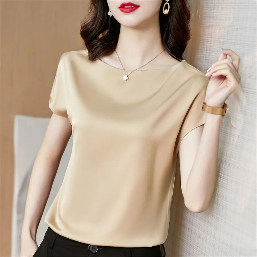 Short Sleeve O-Neck Satin Blouse for Office Ladies