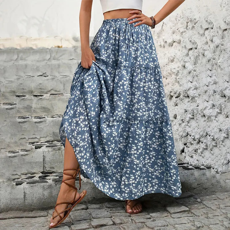 Damen-Midirock mit zartem Blumenmuster in Übergröße – Elastischer, hoher Bund, A-Linie, lässiger Sommerrock