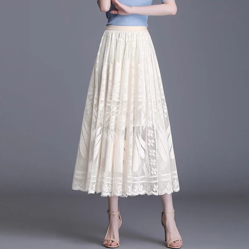 Long Skirt Big Swing Gauze Hollow Pleated Skirt