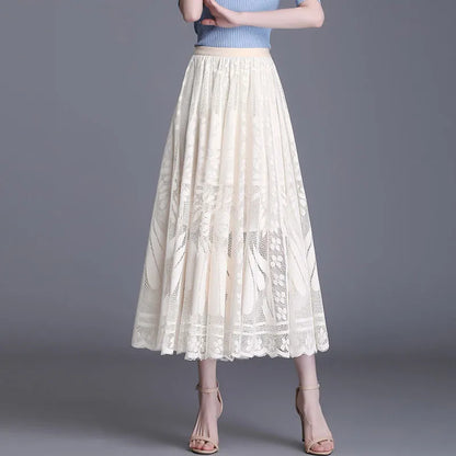 Long Skirt Big Swing Gauze Hollow Pleated Skirt