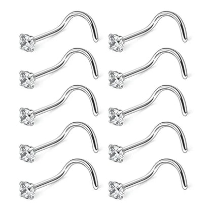 Versatile CZ Zircon Nose Studs- 10-Piece Set