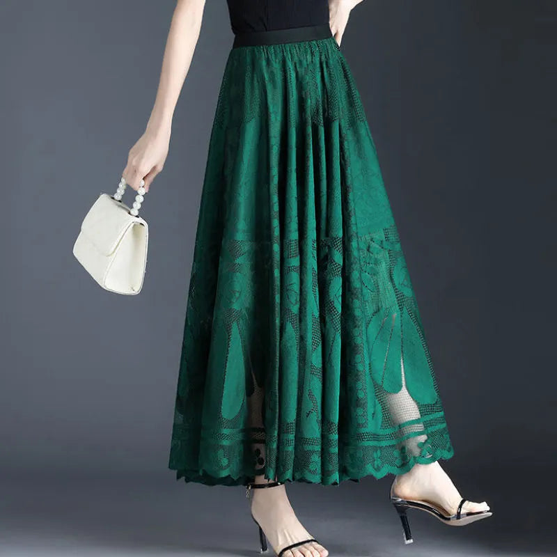 Long Skirt Big Swing Gauze Hollow Pleated Skirt