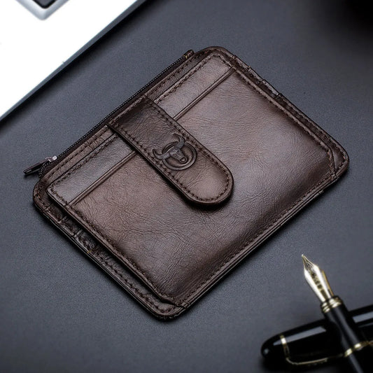 Portefeuille porte-cartes à fermeture éclair en cuir véritable avec blocage RFID