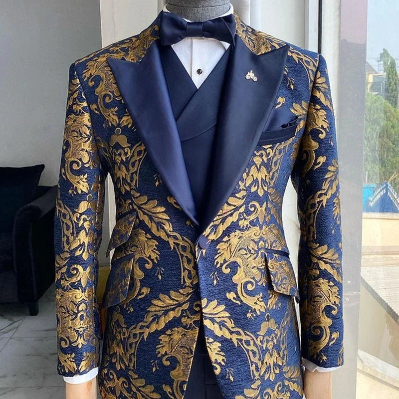 Men's Double Breasted Black Gold Jacquard Wedding Suits