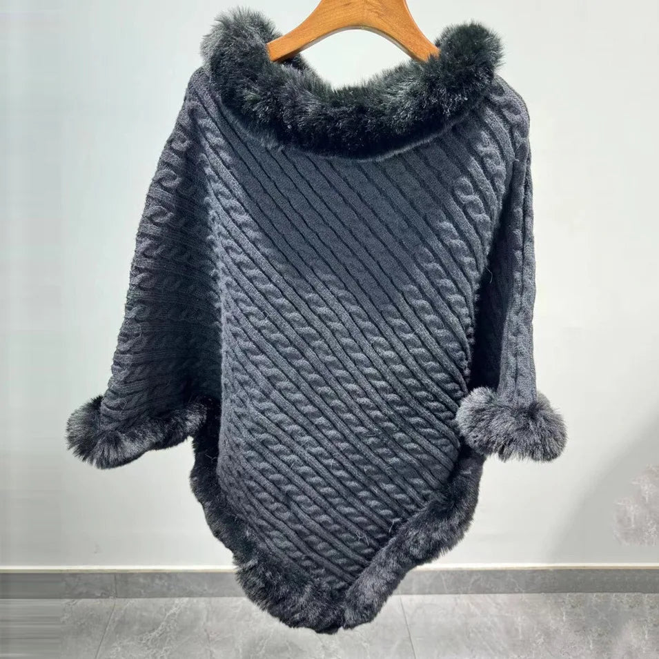 Women's Winter Plaid Hooded Fur Collar Shawl