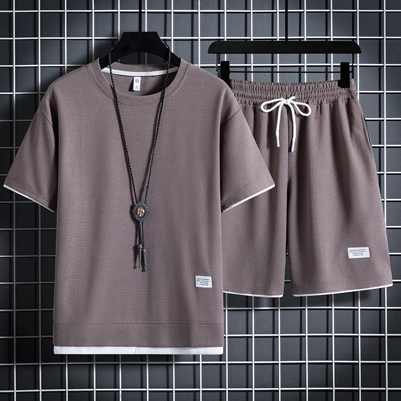Men's Summer Waffle Tracksuit Casual T-Shirt & Shorts