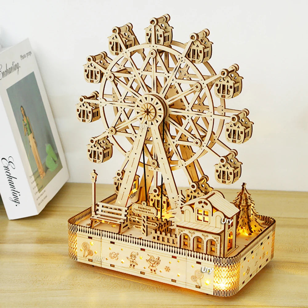 Ury 3D Wooden Puzzles Led Rotatable Ferris Wheel Music Octave Box Toy for Kid