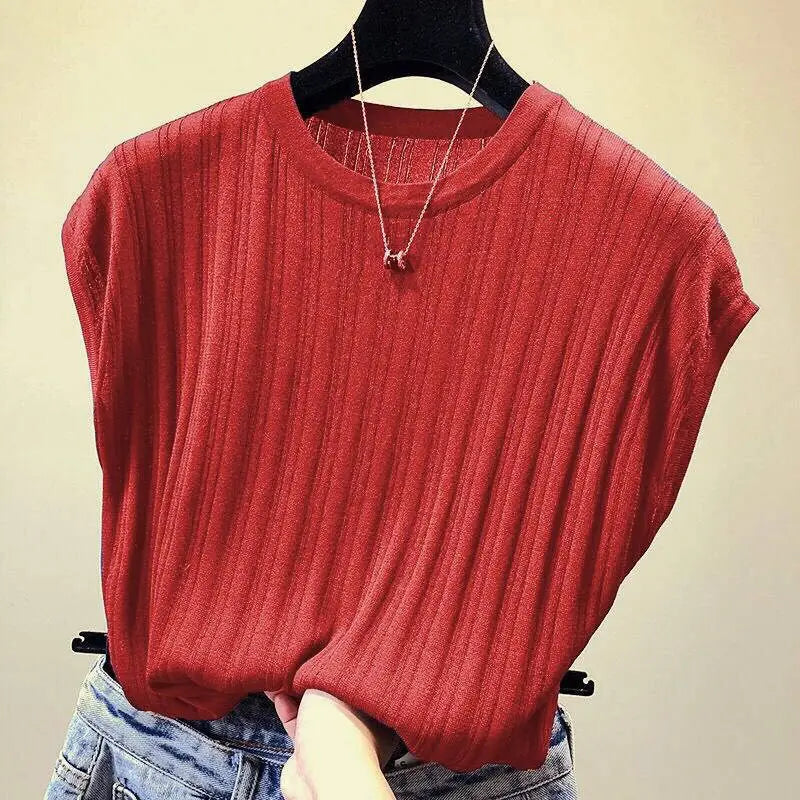 T-shirt ample tricoté à manches courtes pour femmes, haut décontracté à col rond