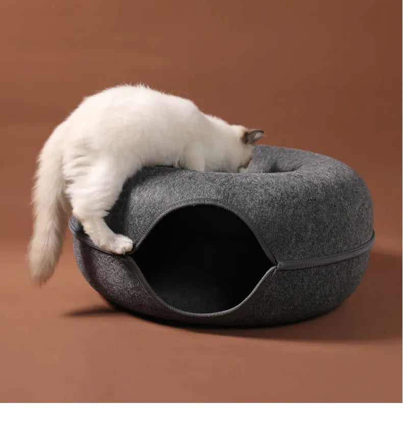Lit interactif pour chat en forme de beignet, tunnel intérieur à double usage