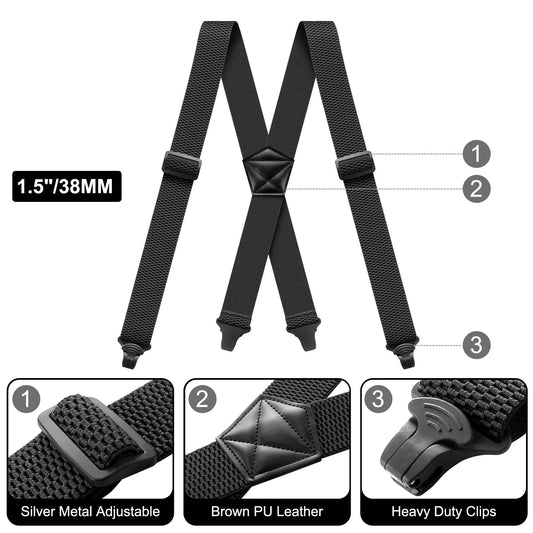 Heavy Duty Men’s Suspenders 3.8cm Wide X-Back Work Braces with 4 Strong Plastic Gripper Clasps – Adjustable Elastic Trouser Suspenders
