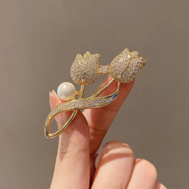 Golden Tulip Flower Pearl Brooch for Women – CZ Rhinestone Crystal Metal Pin