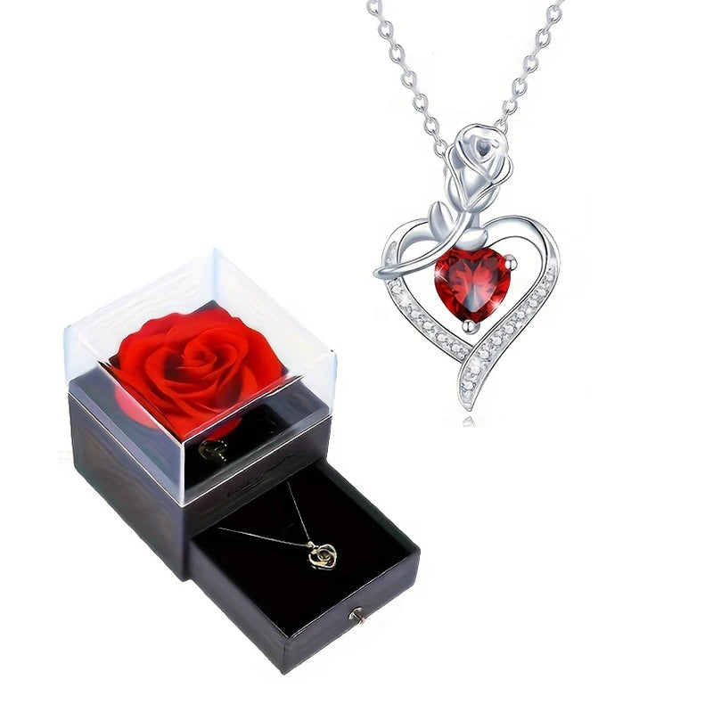 Valentinstag Geschenk Luxus rote Zirkon Herz Halskette mit Rose Geschenk-Box