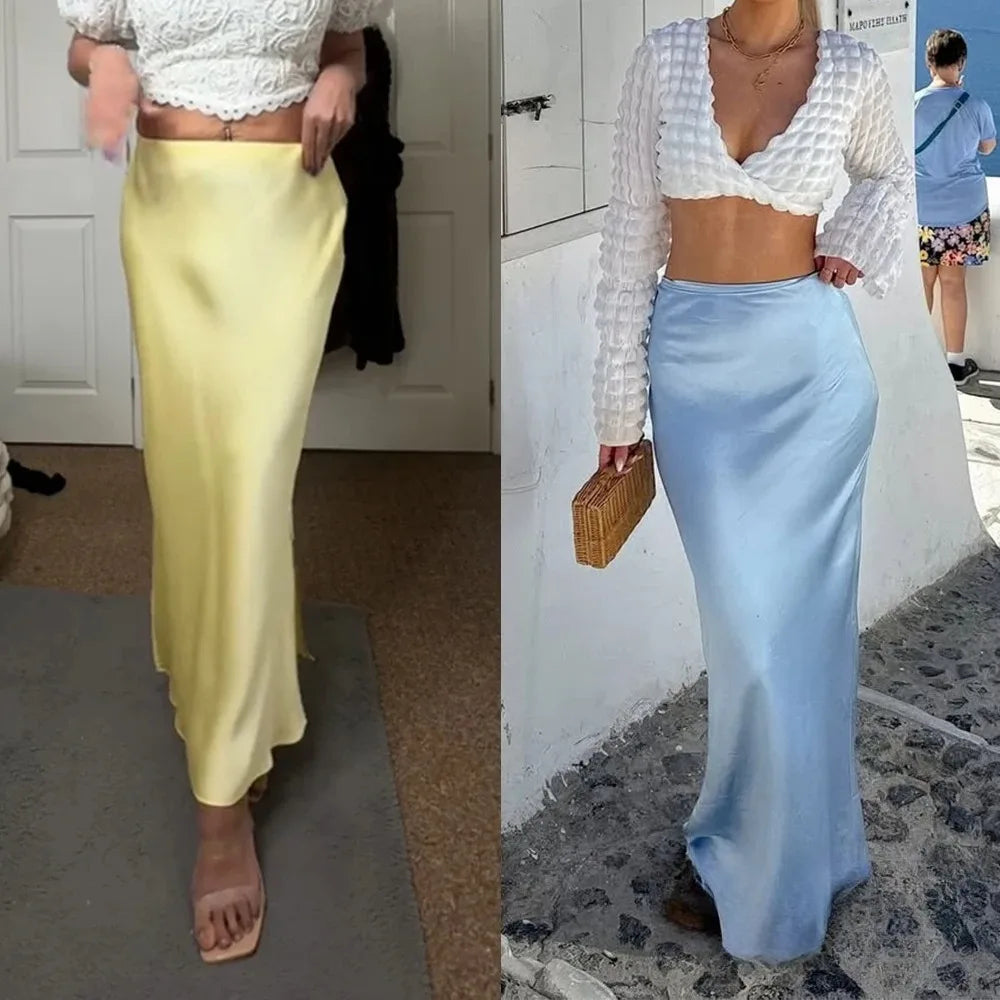 Women's High Waist Flowy A-Line Elastic Silky Skirts