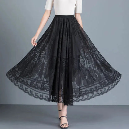 Long Skirt Big Swing Gauze Hollow Pleated Skirt