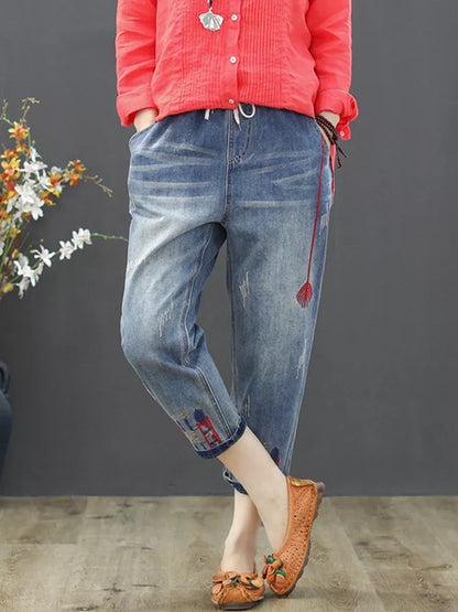 Jeans déchirés pour femmes - Denim brodé décontracté pour femmes