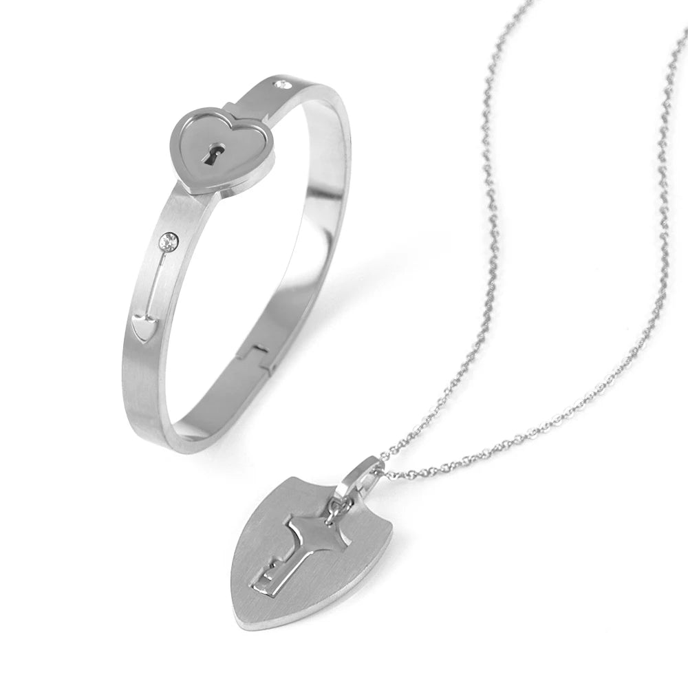 Couple Heart Lock & Key Necklace Bracelet Set – Stainless Steel Love Pendant Choker