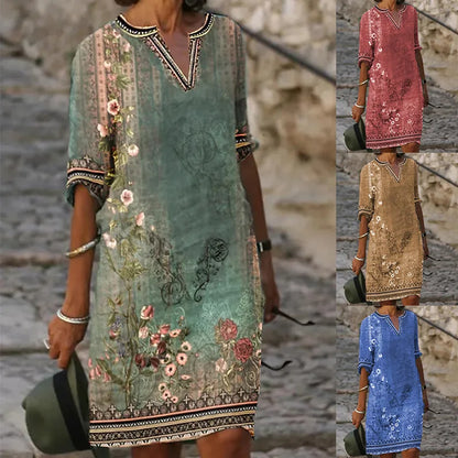 Robe mi-longue de plage à imprimé floral de style ethnique bohème