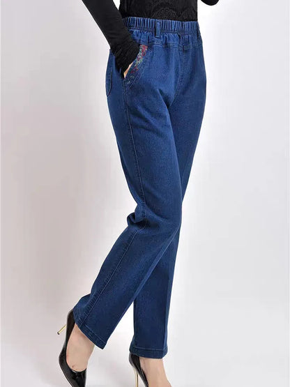 High Waist Blue Straight Embroidery Pocket  Women Pants