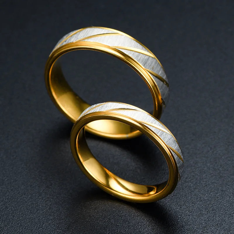 Stainless Steel Gold Color Wave Pattern Couple Ring