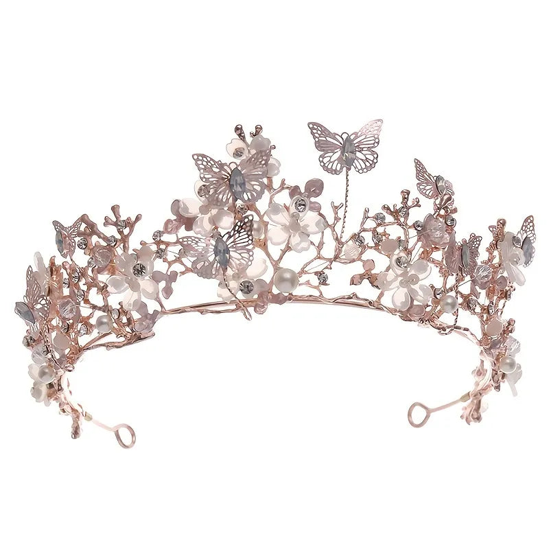 Women Pearl Rhinestone Flower Butterfly Crown