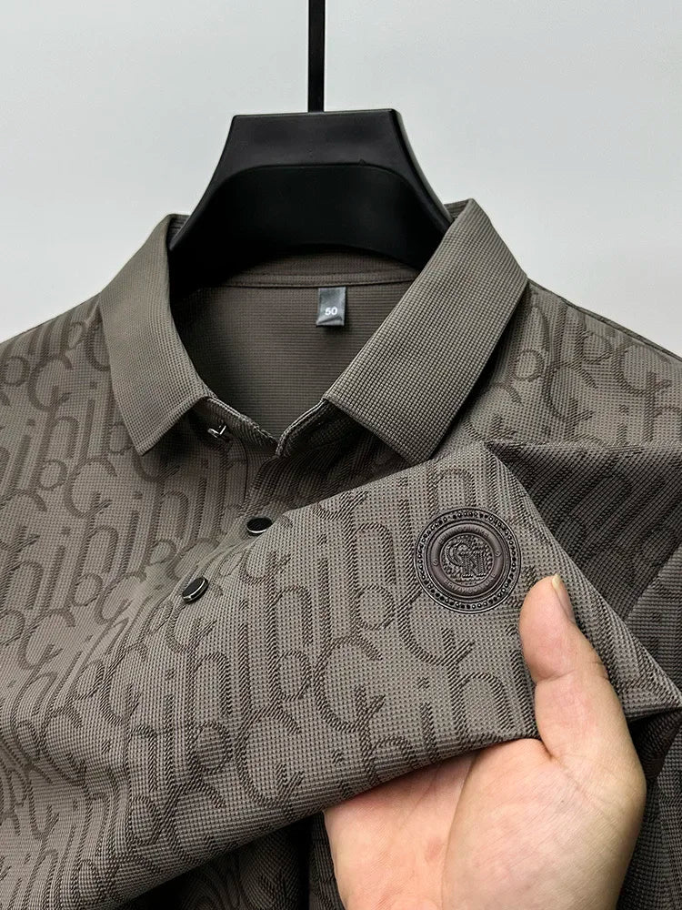 New High-end Silk Short Sleeved Polo Shirt for Men's Luxurious Embossed