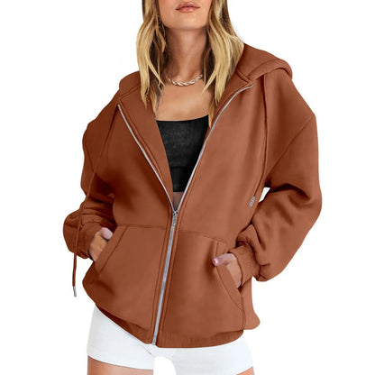 Sweat à capuche en polaire d'automne de couleur unie avec poches et fermeture éclair