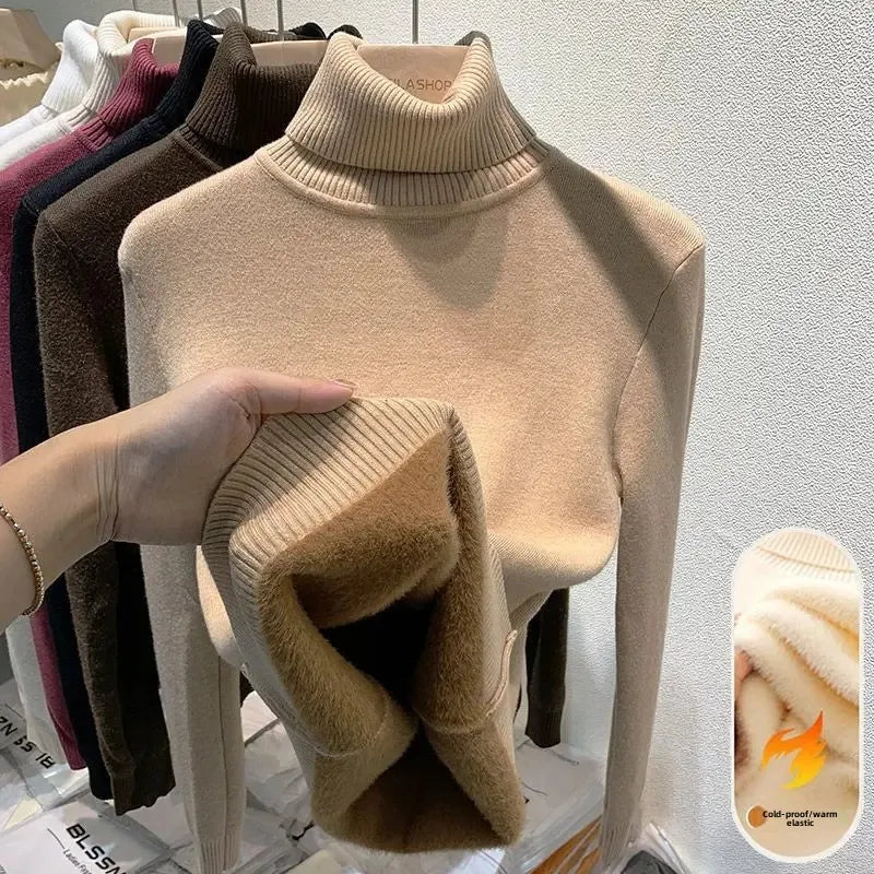 Women's Fleece-Lined Turtle Neck Knited Sweater