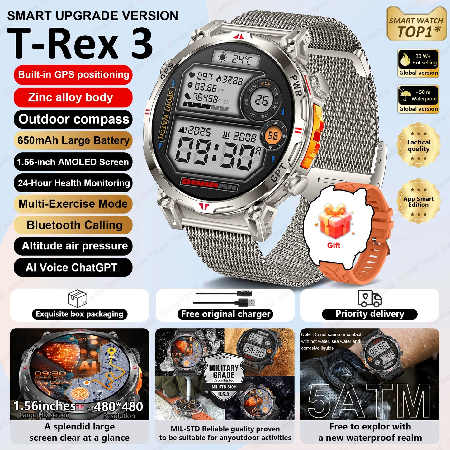 Unisex T-Rex3 GPS Sports Smartwatch – Fitness Tracker Heart Rate Monitor 3ATM Waterproof Smart Watch