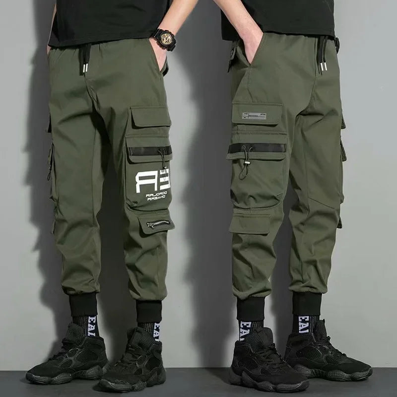 Herren-Cargohose, lässiger Hip-Hop-Streetwear-Stil – Jogginghose mit mehreren Taschen und Farbblock-Design