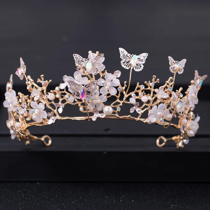 Women Pearl Rhinestone Flower Butterfly Crown