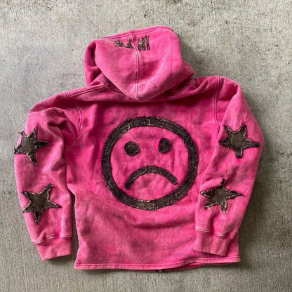 Crying Face Embroidered Zipper Hoodie