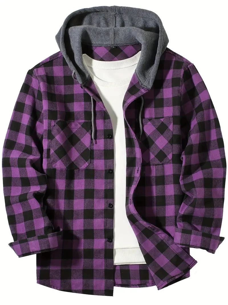 Men's Double Pockets Plaid Hooded Flannel Shirt Jacket