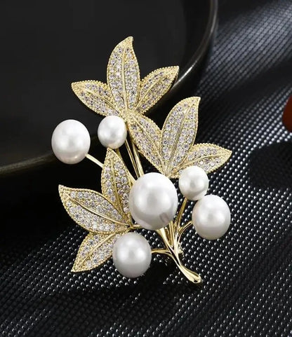 Golden Tulip Flower Pearl Brooch for Women – CZ Rhinestone Crystal Metal Pin