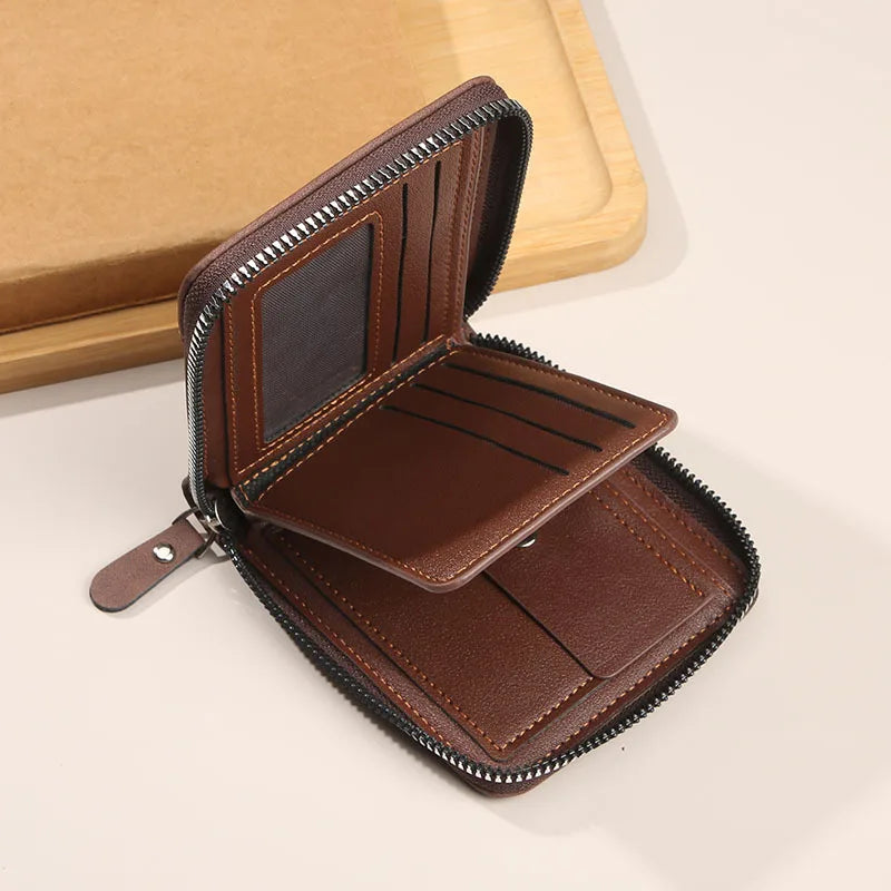 Men’s Short Leather Bifold Wallet with Zipper Coin Pocket