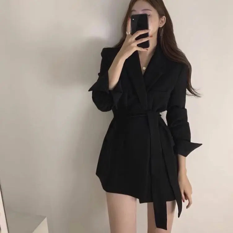 Women’s Mid‑Length Slim Fit Blazer Jacket – Waist‑Defining Lace‑Up Suit Dress Coat
