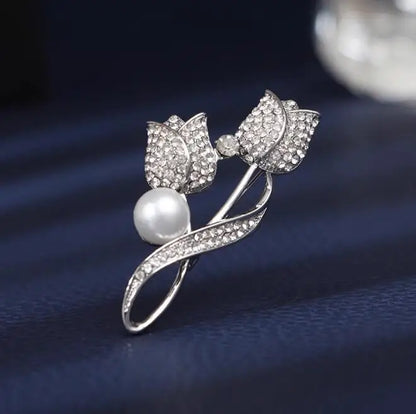 Golden Tulip Flower Pearl Brooch for Women – CZ Rhinestone Crystal Metal Pin