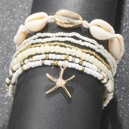 Women's Bohemian Starfish & Seashell Ankle Bracelet Set – Multilayer Rice Beads Beach Ankle Bracelets