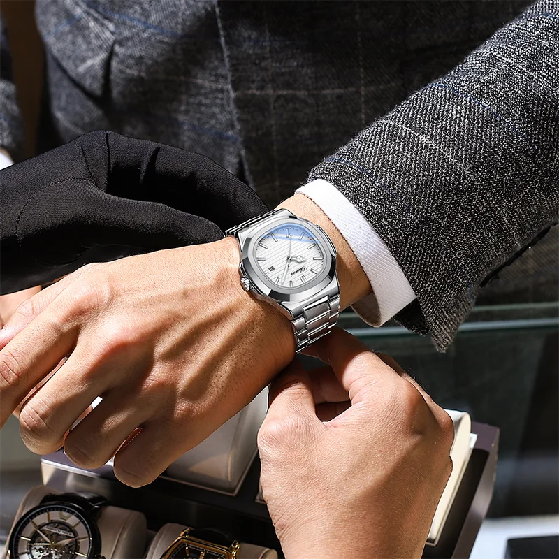 Wasserdichte Herrenuhr aus Edelstahl – Quadratisches Zifferblatt im Nautilus-Stil mit Leuchtmasse, Kalender und Datumsanzeige