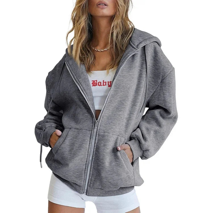 Sweat à capuche en polaire d'automne de couleur unie avec poches et fermeture éclair