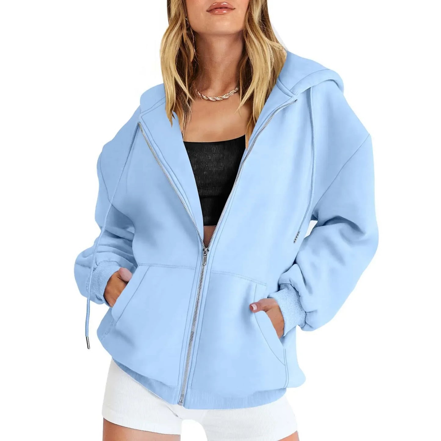 Sweat à capuche en polaire d'automne de couleur unie avec poches et fermeture éclair