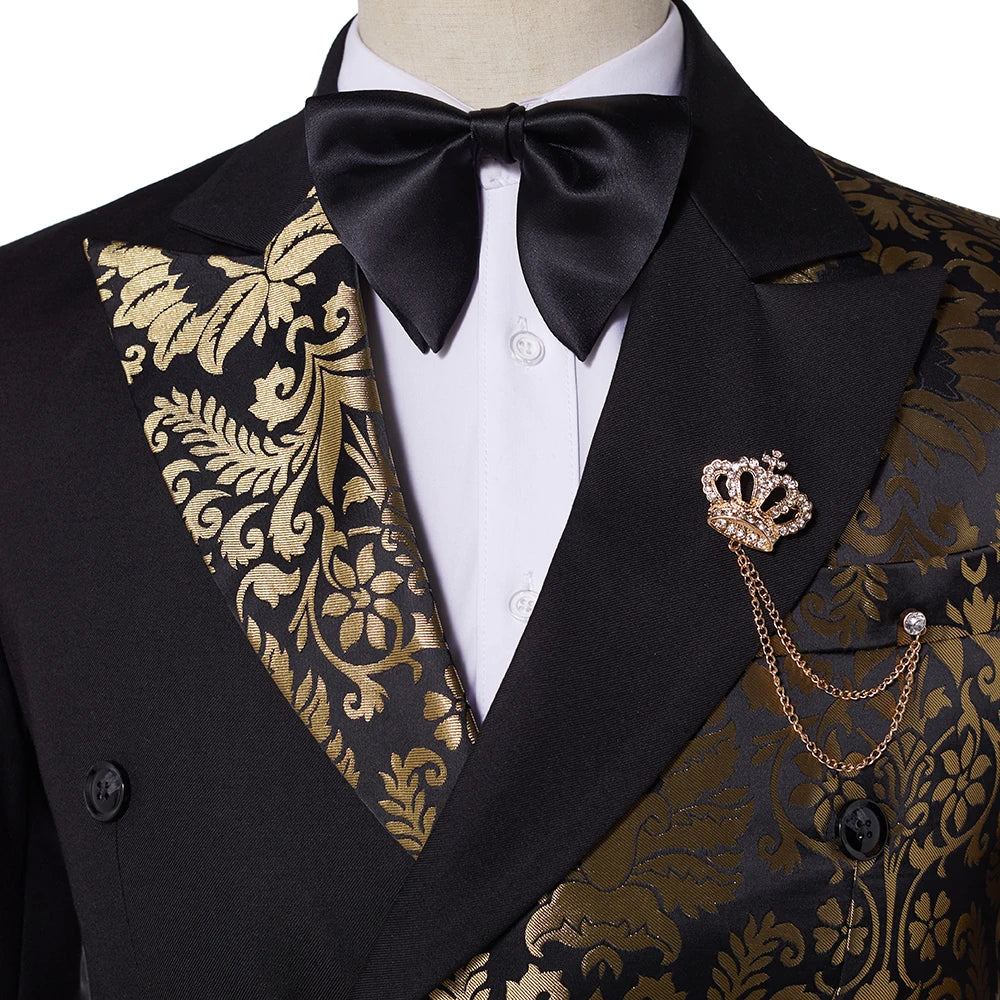 Costumes de mariage jacquard noir et doré à double boutonnage pour hommes