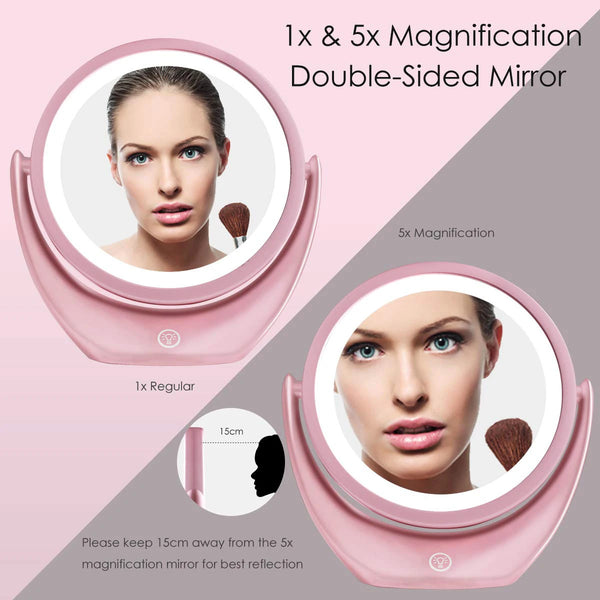 Double sided round makeup mirror with 5X magnification and light equipped.