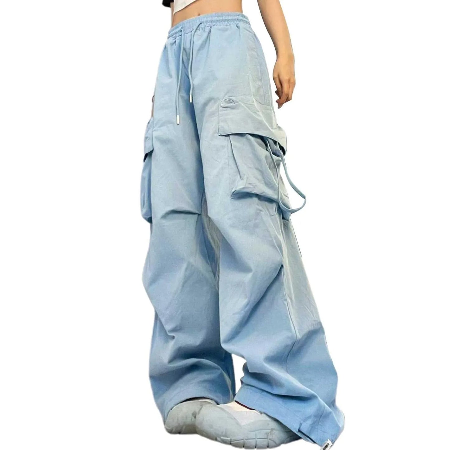 Weit geschnittene Cargohose für Damen – Streetwear-Hose mit Kordelzug, hohem Bund, vielen Taschen und lockerer Passform