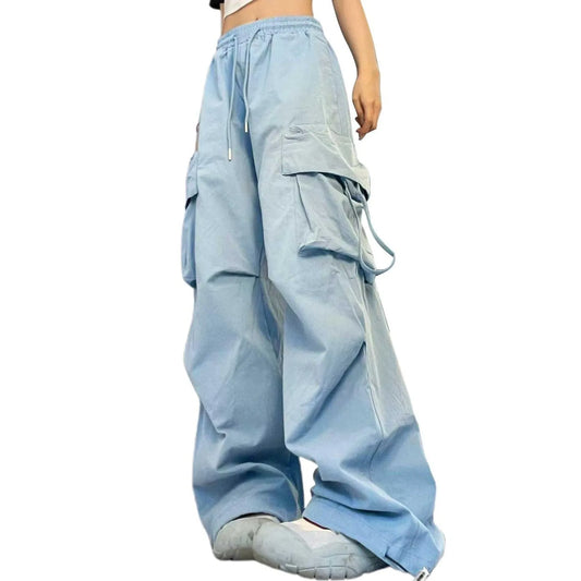 Women’s Wide Leg Cargo Pants – Drawstring High Waisted Multi-Pocket Loose Fit Streetwear Trousers