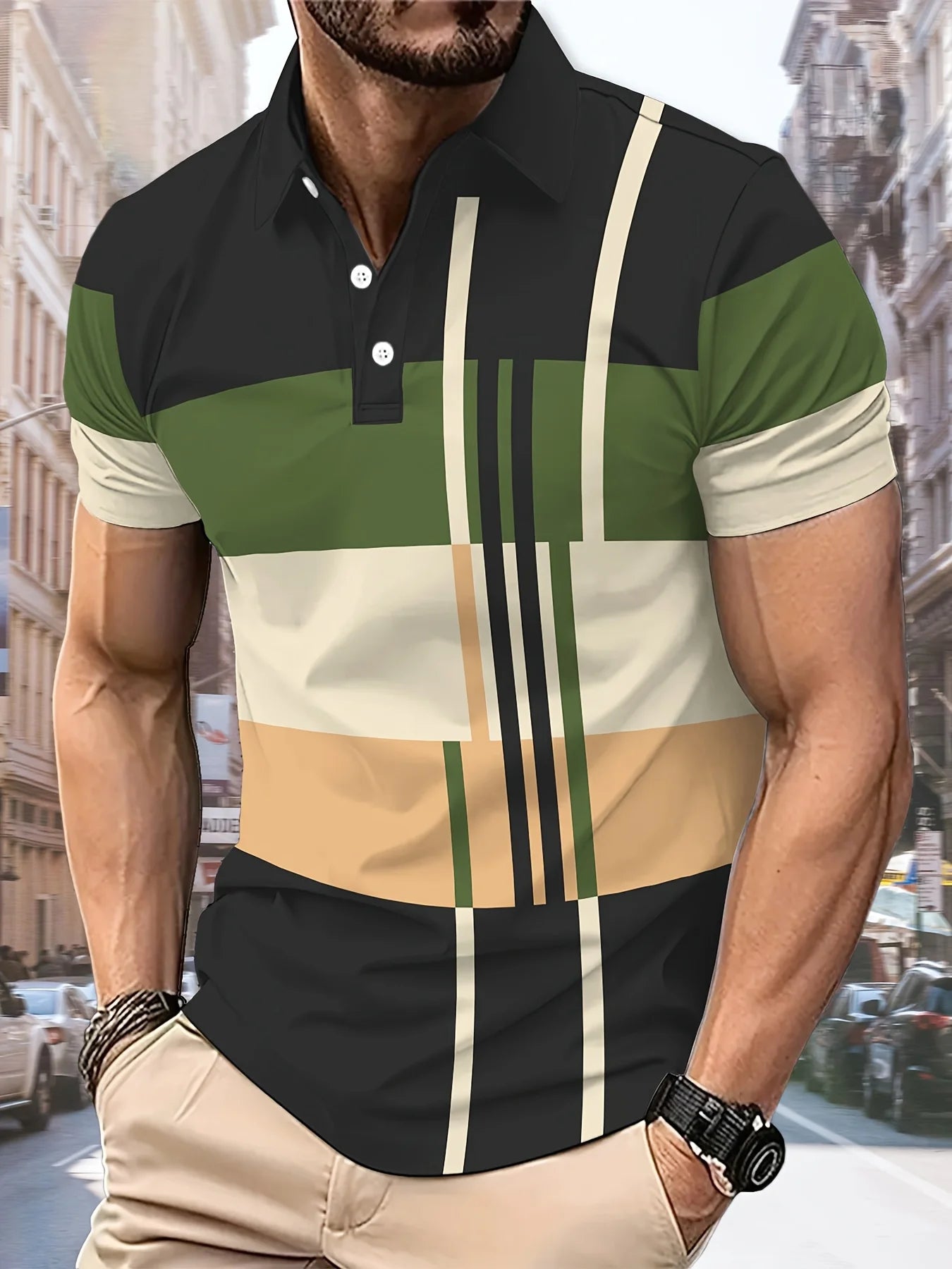 Men's Comfortable 3D Striped Printed Polo Shirt