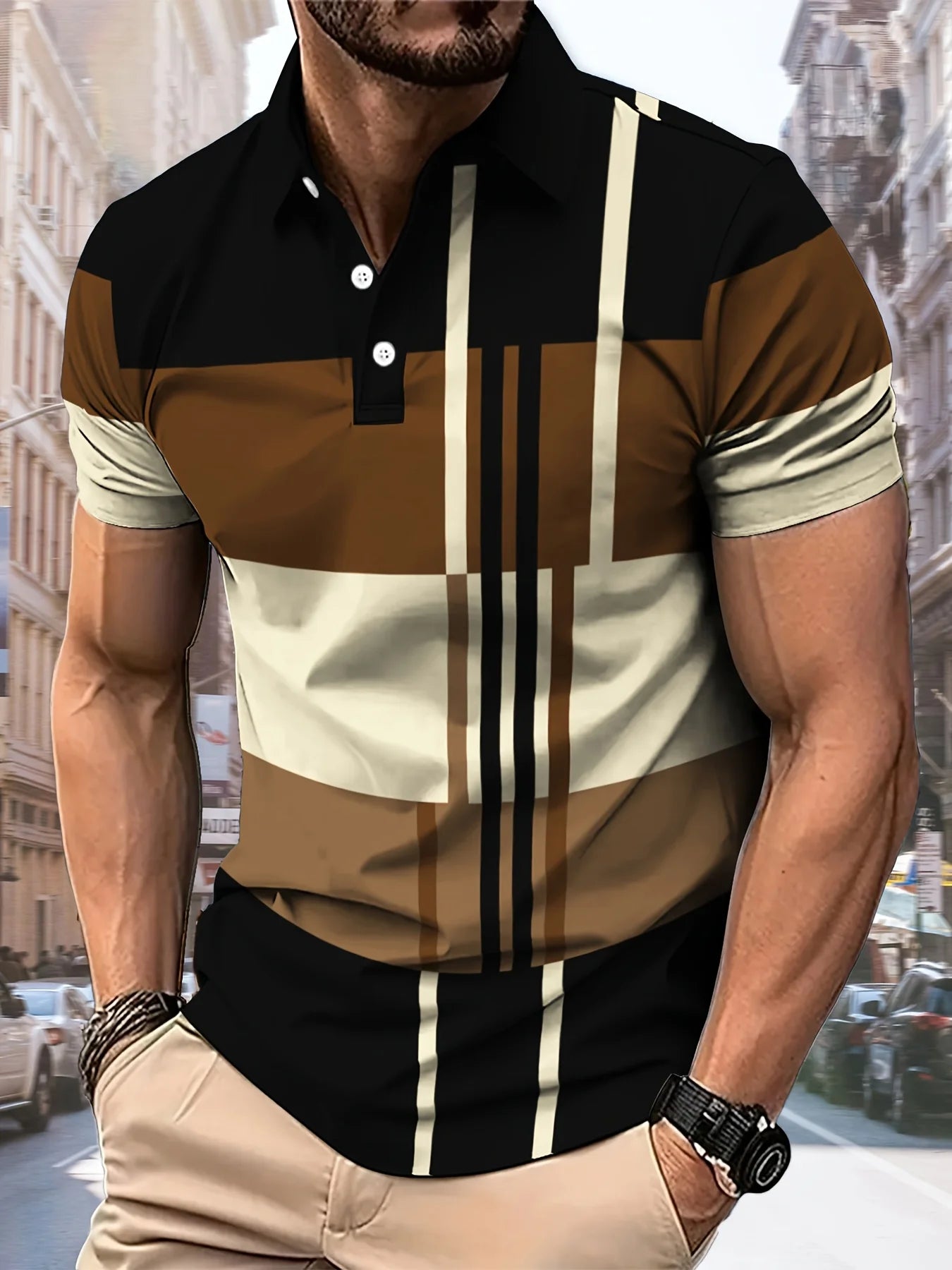 Men's Comfortable 3D Striped Printed Polo Shirt