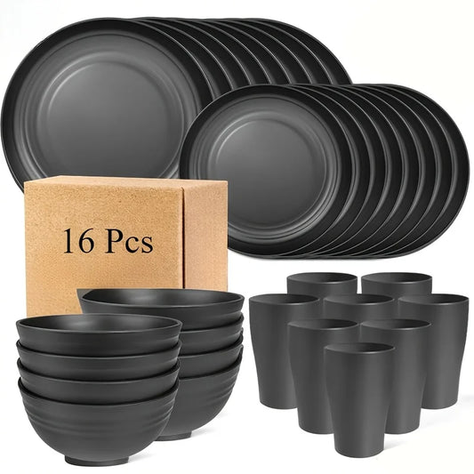 16pcs Black Cutlery Set With Plates & Cups